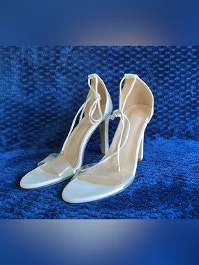 Women's White Clear Strap High Heel Sandals with Ankle Tie